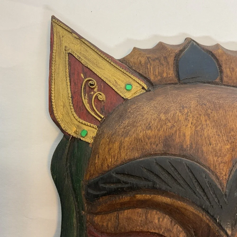 Vtg Hand Carved Wood Mask-Hand Carved & Painted-Decor - Rhinestones - 10 x 7 in.